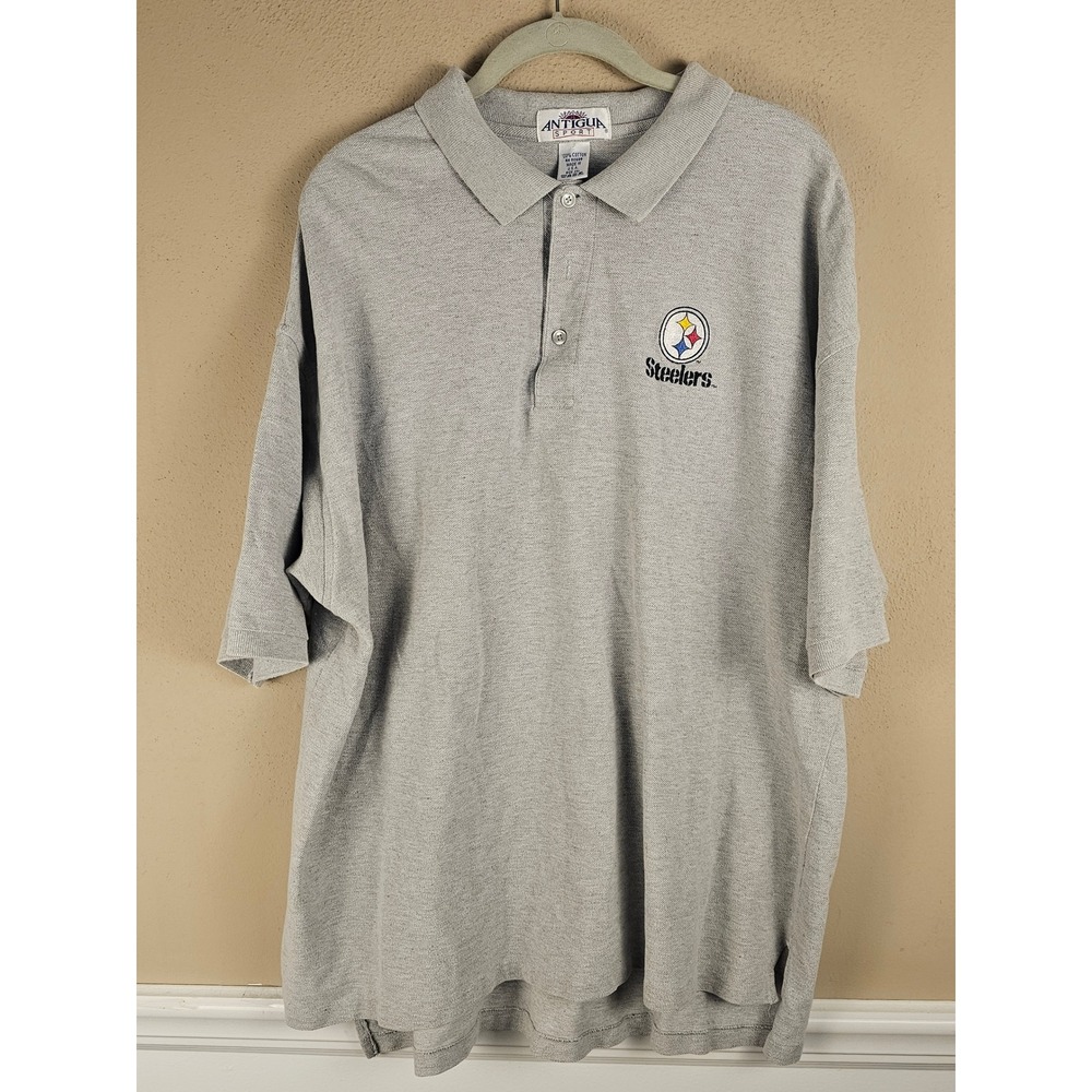 Vintage Antigua Mens Gray Pittsburgh Steelers Polo Shirt XXL